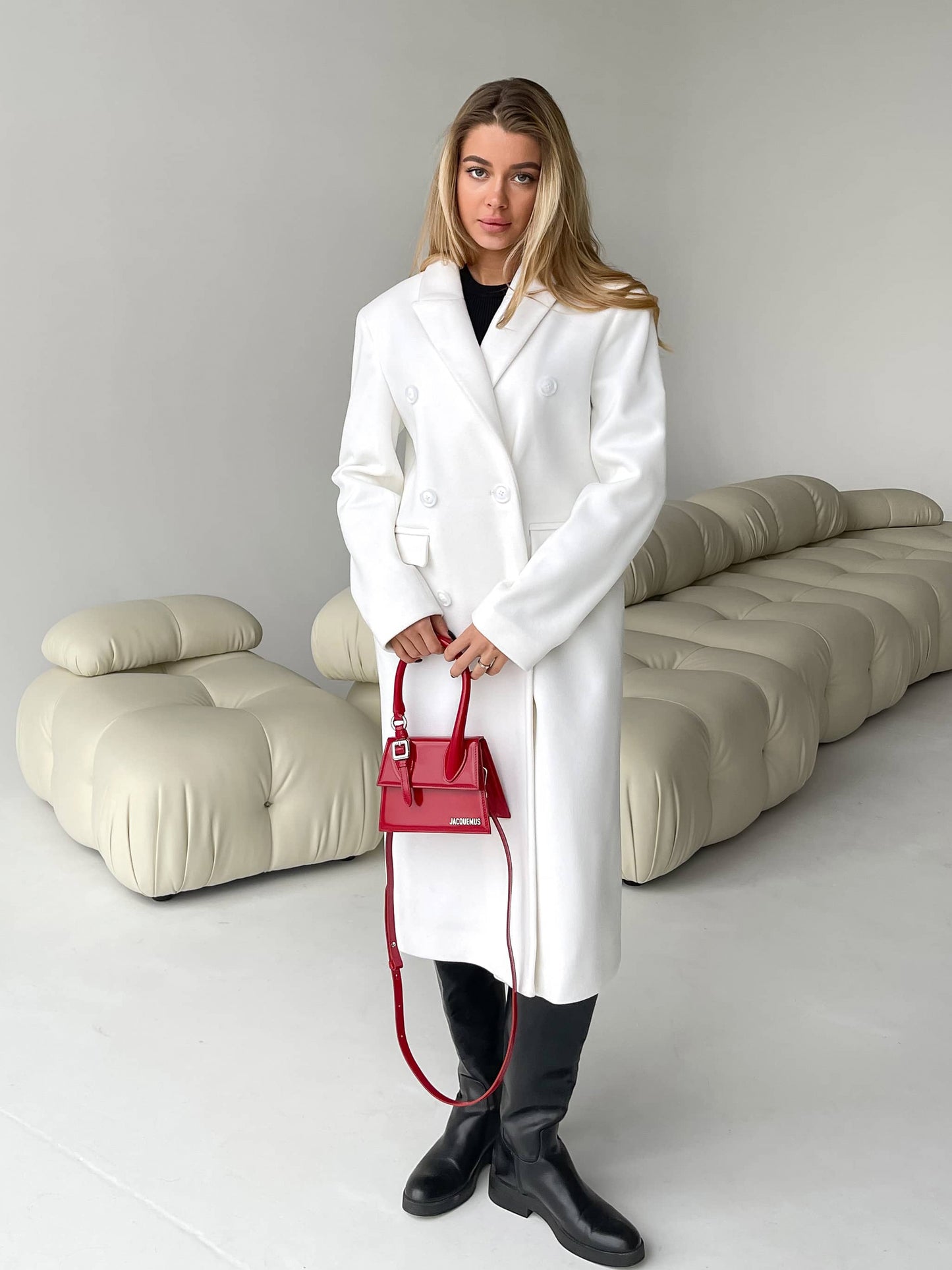 Long Coat with Masculine Shoulders, White